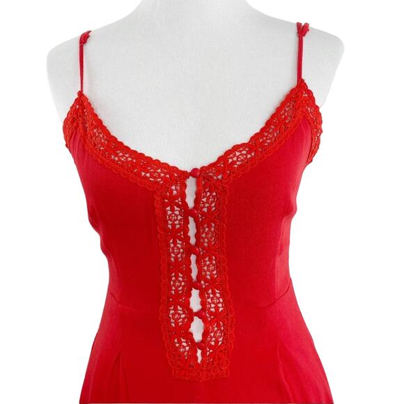 Avec Red 1 piece Sleeveless JumpSuit Pantsuit Crochet Insert Trim Small NWOT - Picture 3 of 11